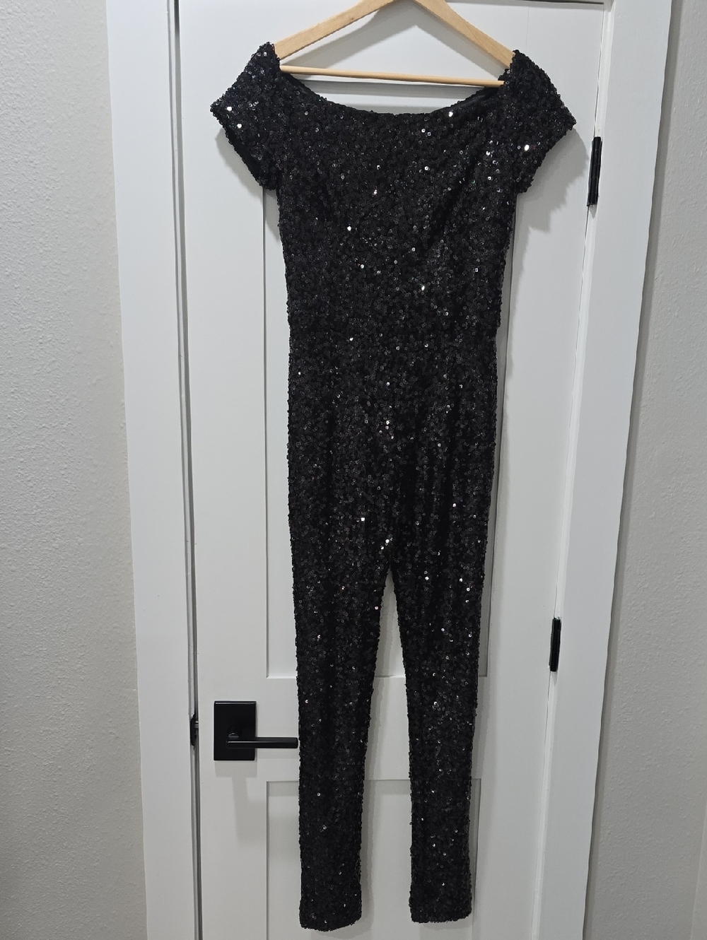 French Connection Black Sequin Off The Shoulder Jumpsuit Size 6